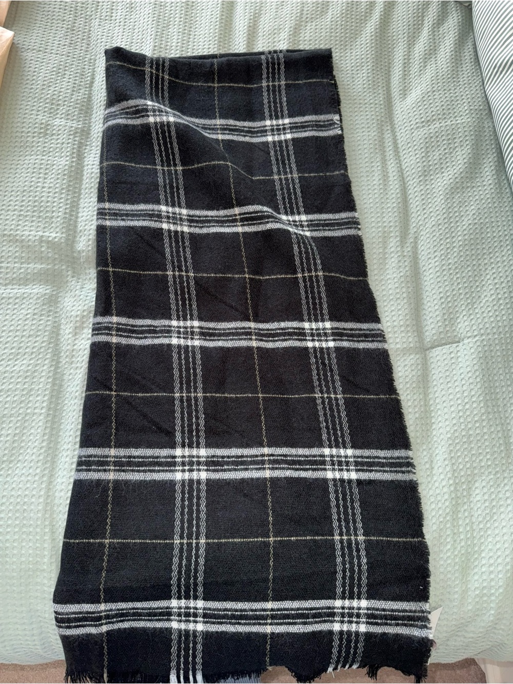 LOFT Black Plaid Fringe Scarf